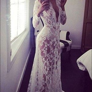 Sheer white lace maxi maternity lingerie dress